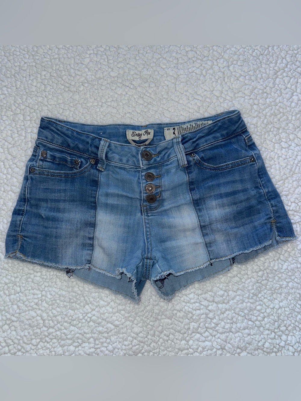 Low rise patchwork Y2K style button fly micro mini jean denim shorts festival 3